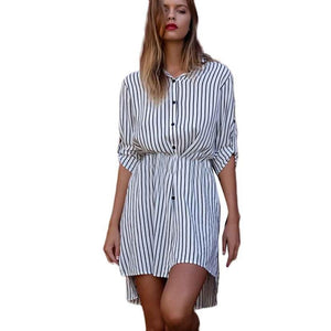 Women Fashion Dress 2016 Long Sleeve Black Stripes Loose Casual Blouse Button Mini Dress Ladies Elegant  Fashion Dresses #LSW