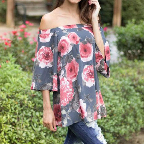 2017 New Arrival Fashion Off Shoulder BLouse Sexy Women Ladies Flower Print Tops Fashion Long Sleeve Shirt Plain Aututmn Blusas