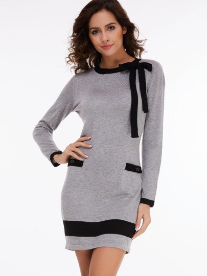Fashion Vogue Bowknot Nine Points Sleeve Women's Sweater Dress
