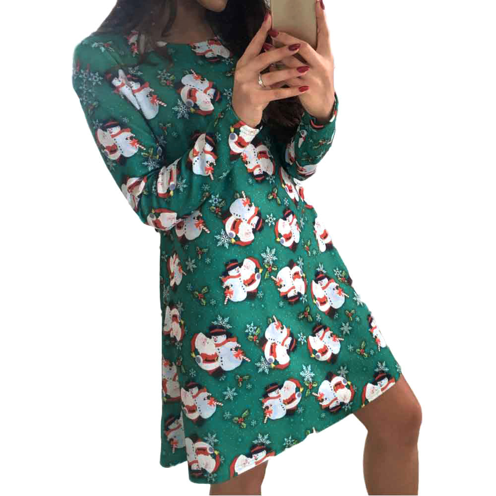 Fashion  Women Long Sleeve Christmas Snowman Printing Christmas Party Dress