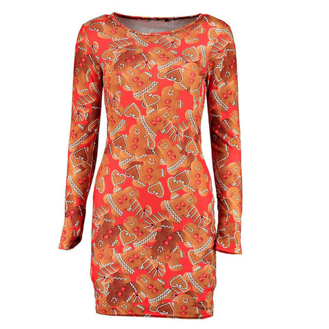 Fashion Ladies Women Long Sleeve  Printing Christmas Party Swing Dress