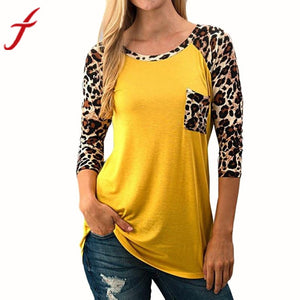 Women Fashion Blouse Leopard Splicing Pocket Casual Long Yellow Shirt Women Blouse Top blouses women's fashion trends