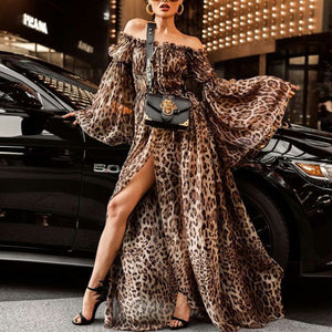 Feitong Leopard Print Women Dress Fashion  Long Dress Sexy Nightclub Split Off Shoulder long Sleeve Maxi Dress Womens Dresses